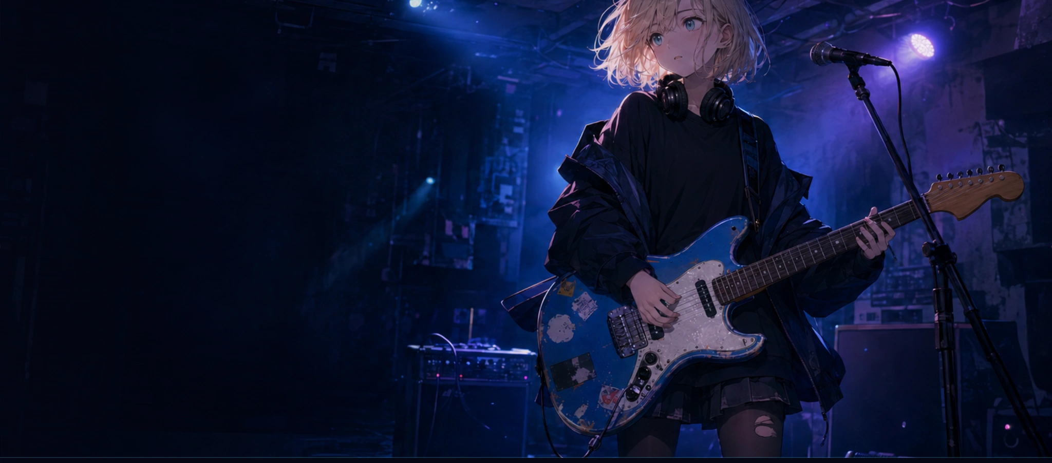 青い照明のライブステージで演奏する月城ルナ