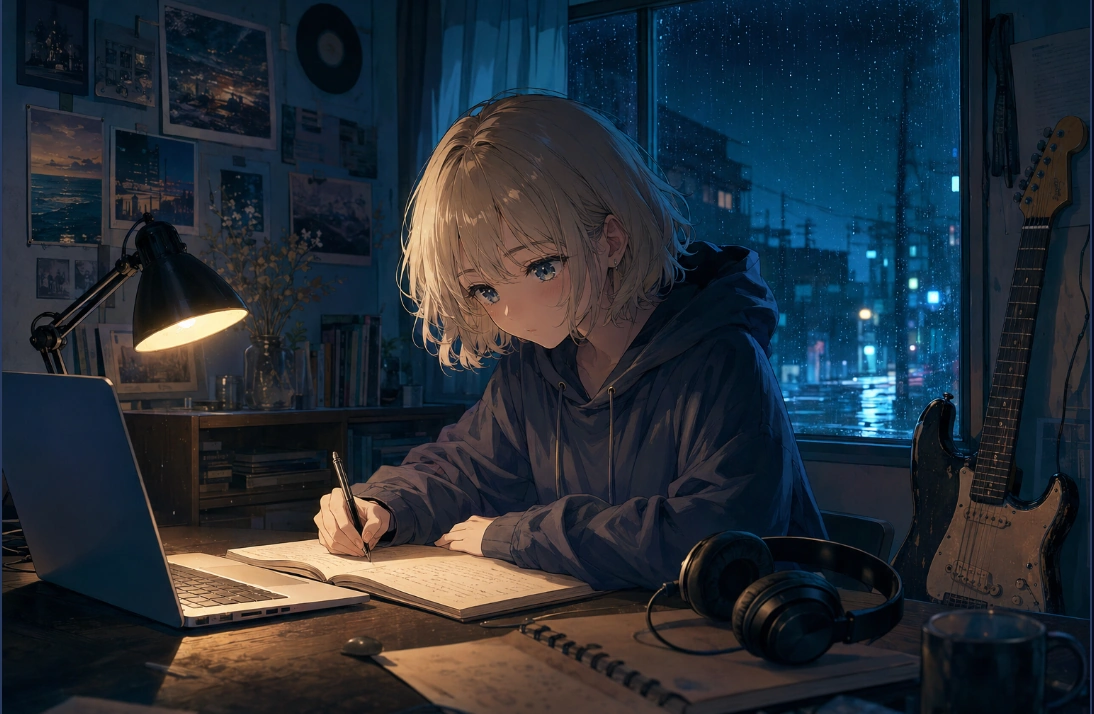 深夜の部屋でノートに歌詞を書く月城ルナ